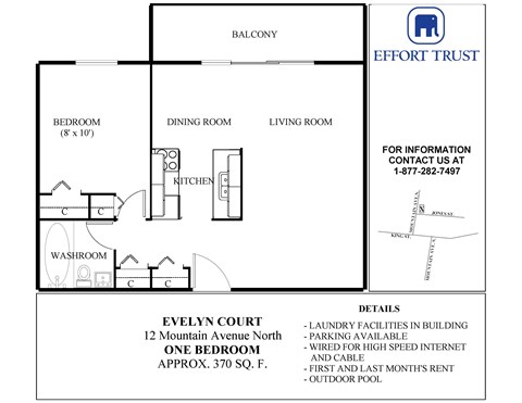 A floor plan for a rental property at Evelyn Court shows a bedroom, a dining room, a living room, a kitchen, and a washroom.